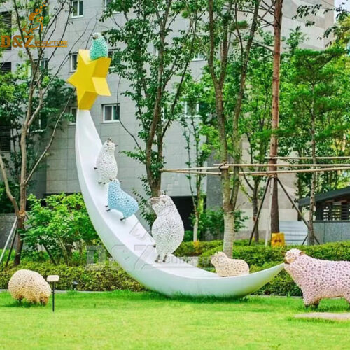 stainless steel art moon sculpture with small animal sculpture DZM 1192