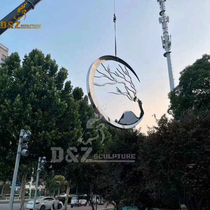 stainless steel sculpture art circle with tree design for garden hanging DZM 1188 - Image 3