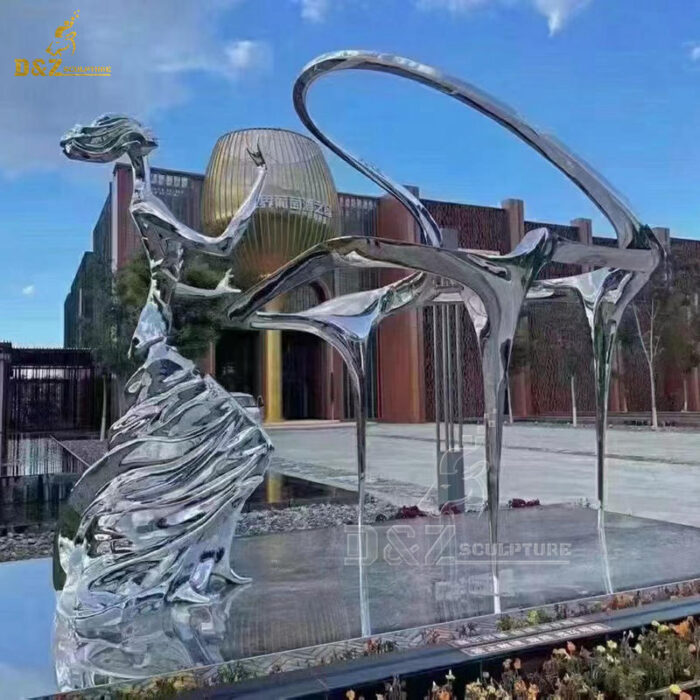 stainless steel mirror finishing a girl playing piano sculpture for sale DZM 1334