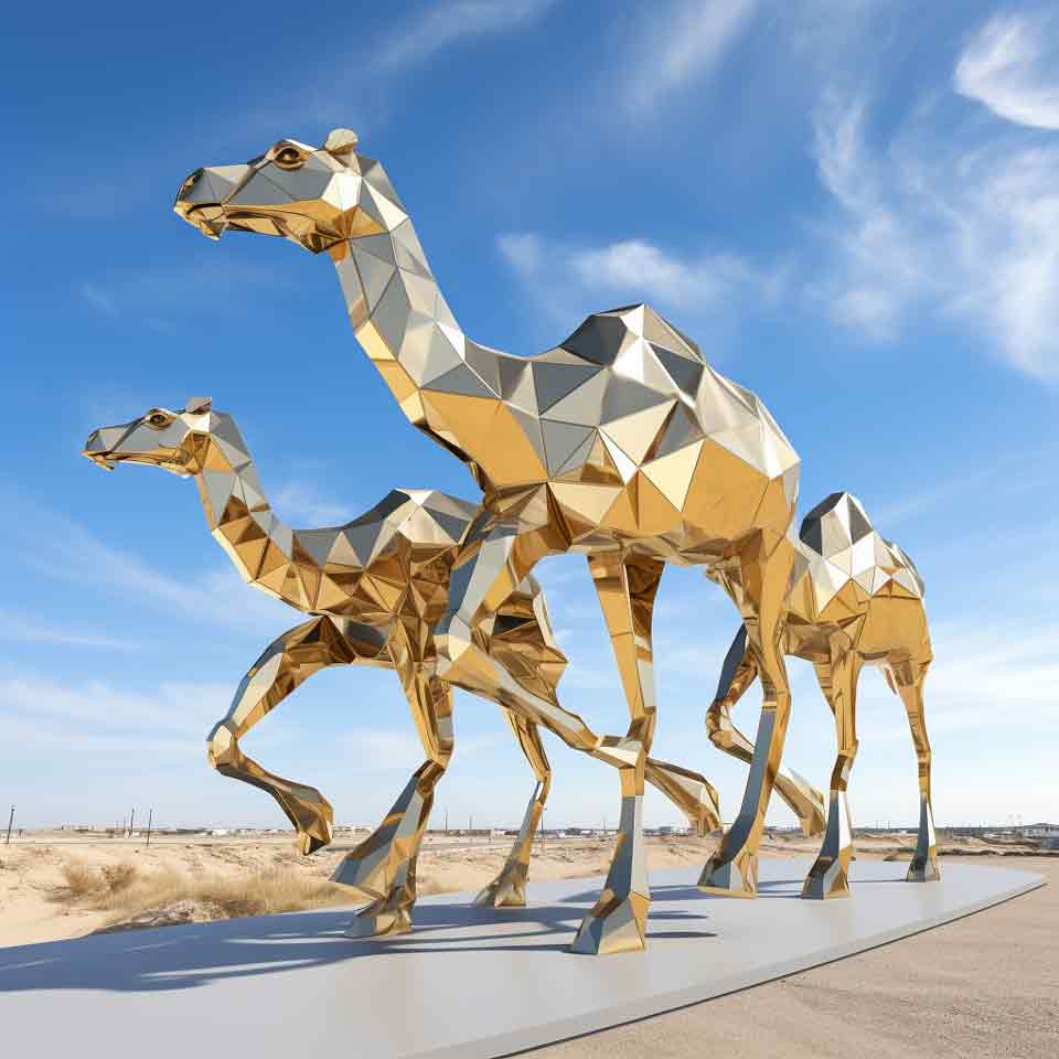 Large outdoor modern abstract gold-plated camel sculptures