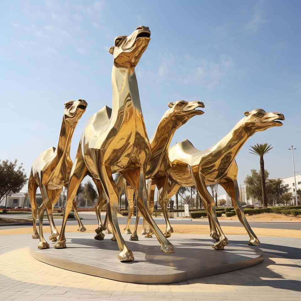 Outdoor square large modern abstract gold-plated camel metal sculptures