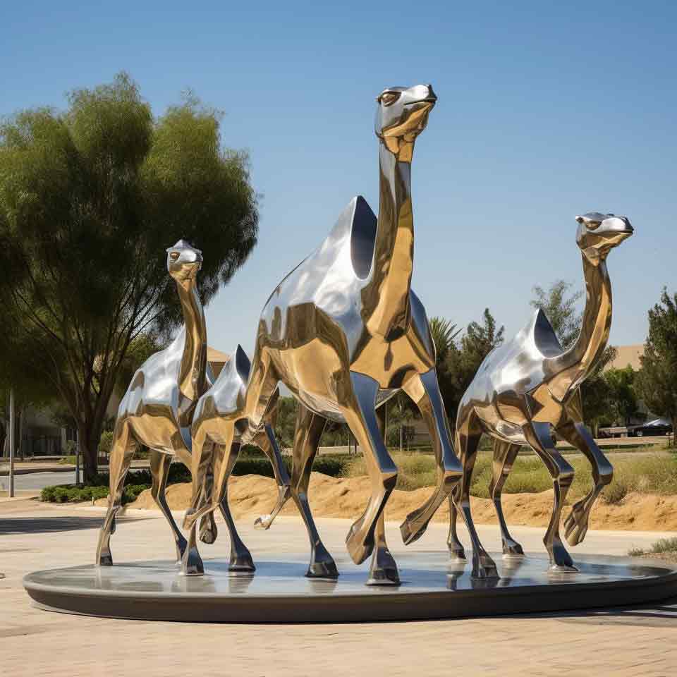 Outdoor square large modern abstract gold-plated camel metal sculptures