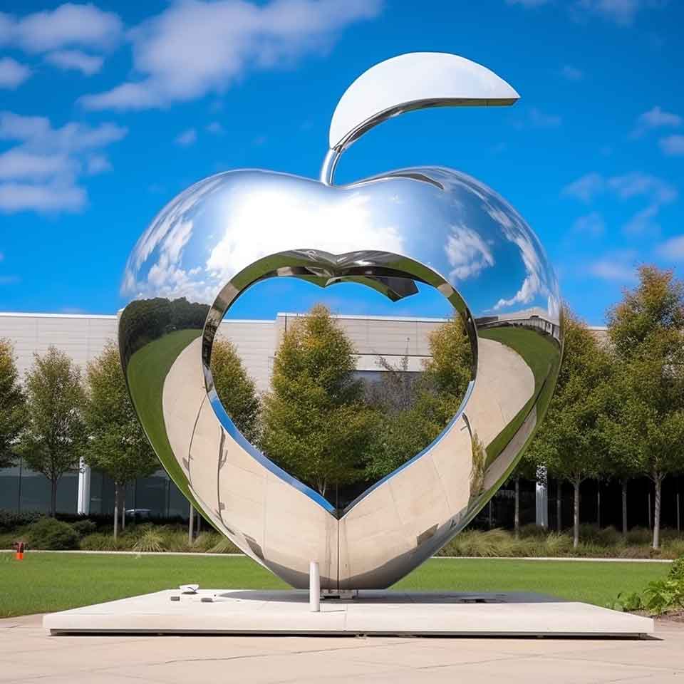 Modern large stainless steel mirror apple art heart hollow sculpture