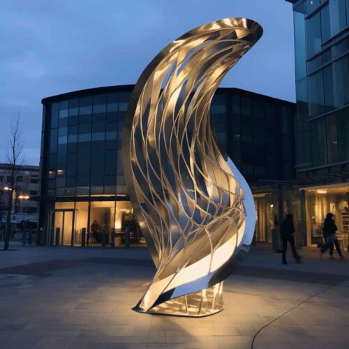 Modern mirror metal ribbon art sculptures with lights for garden DZM-1479