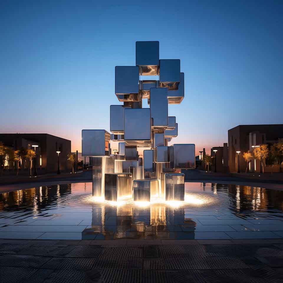 Mirror geometric outdoor metal fountain sculpture urban future DZ-1496
