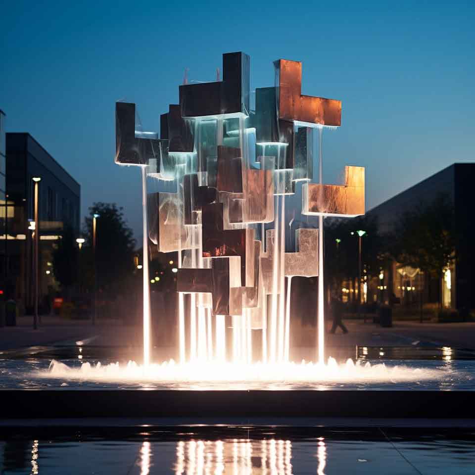 Mirror geometric outdoor metal fountain sculpture urban future DZ-1496