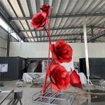 Large blooming red metal rose sculpture series