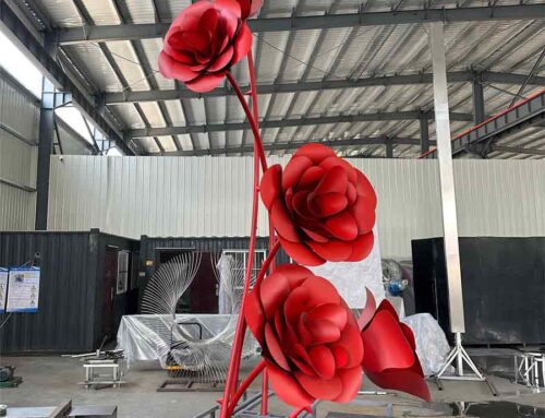 Large blooming red metal rose sculpture series
