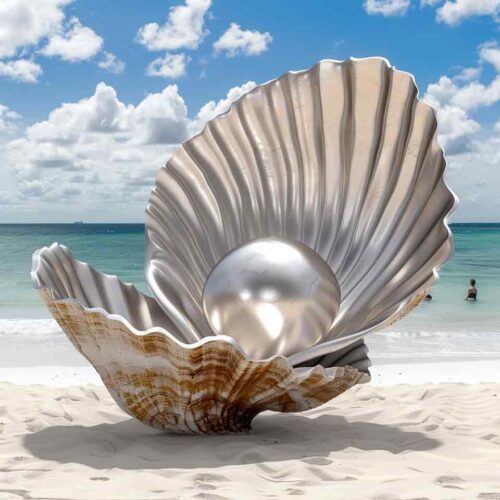 Large abstract metal pearl shell sculpture on the beach DZ-1557