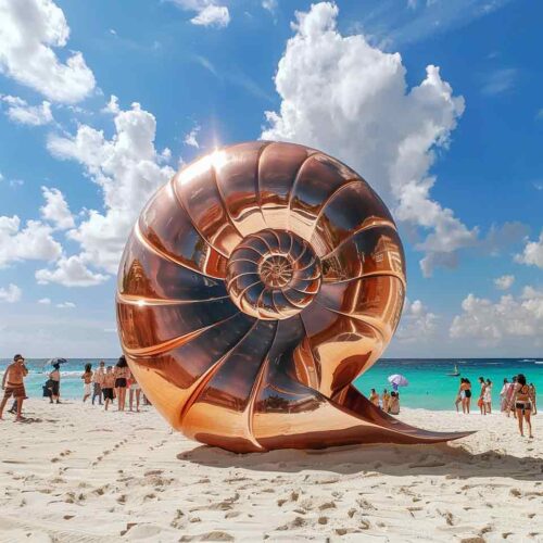 Large abstract metal conch nautilus shell sculpture on beach DZ-1555