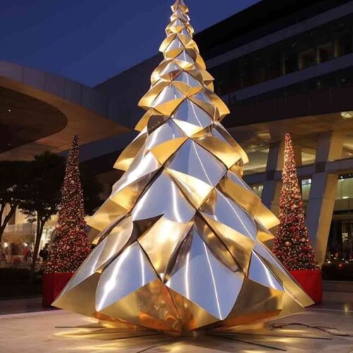 Custom modern abstract metal Christmas tree sculpture with lights