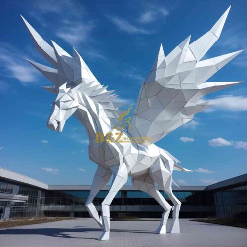 White Large Geometric Abstract Metal Origami Horse Sculpture DZ-1598