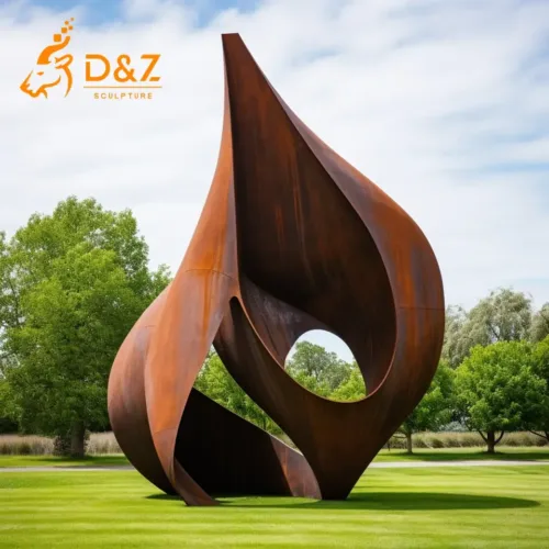 Large corten steel abstract flame lawn sculpture