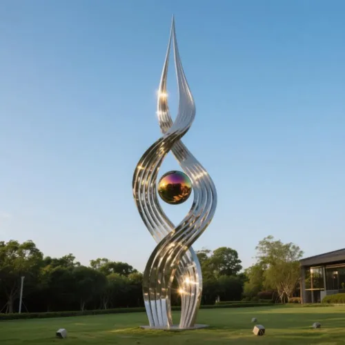 Outdoor Abstract Metal Ribbon Sculpture with Ball DZN131-2