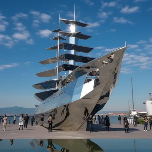 Metal sailboat sculpture | large outdoor ship art for coastal DZN125-2