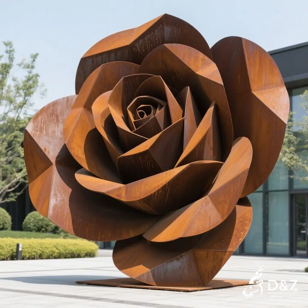 Geometric Corten Rose Sculpture Large Rusted Steel Flower Art DZN229-1