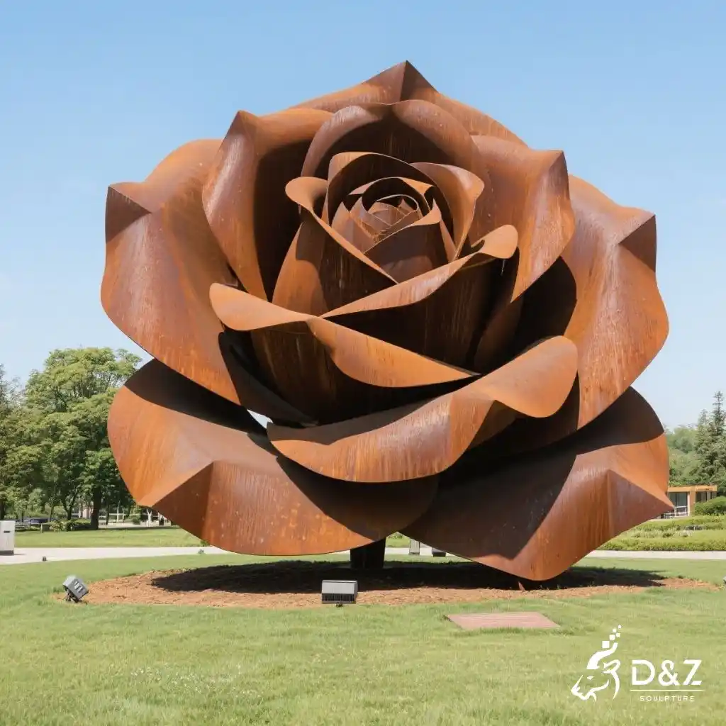Geometric Corten Rose Sculpture Large Rusted Steel Flower Art DZN229-2