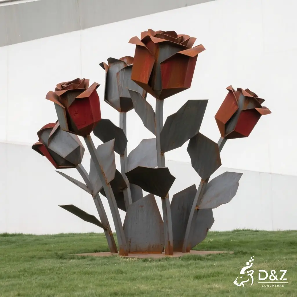 Geometric Corten Rose Sculpture Large Rusted Steel Flower Art DZN229-3