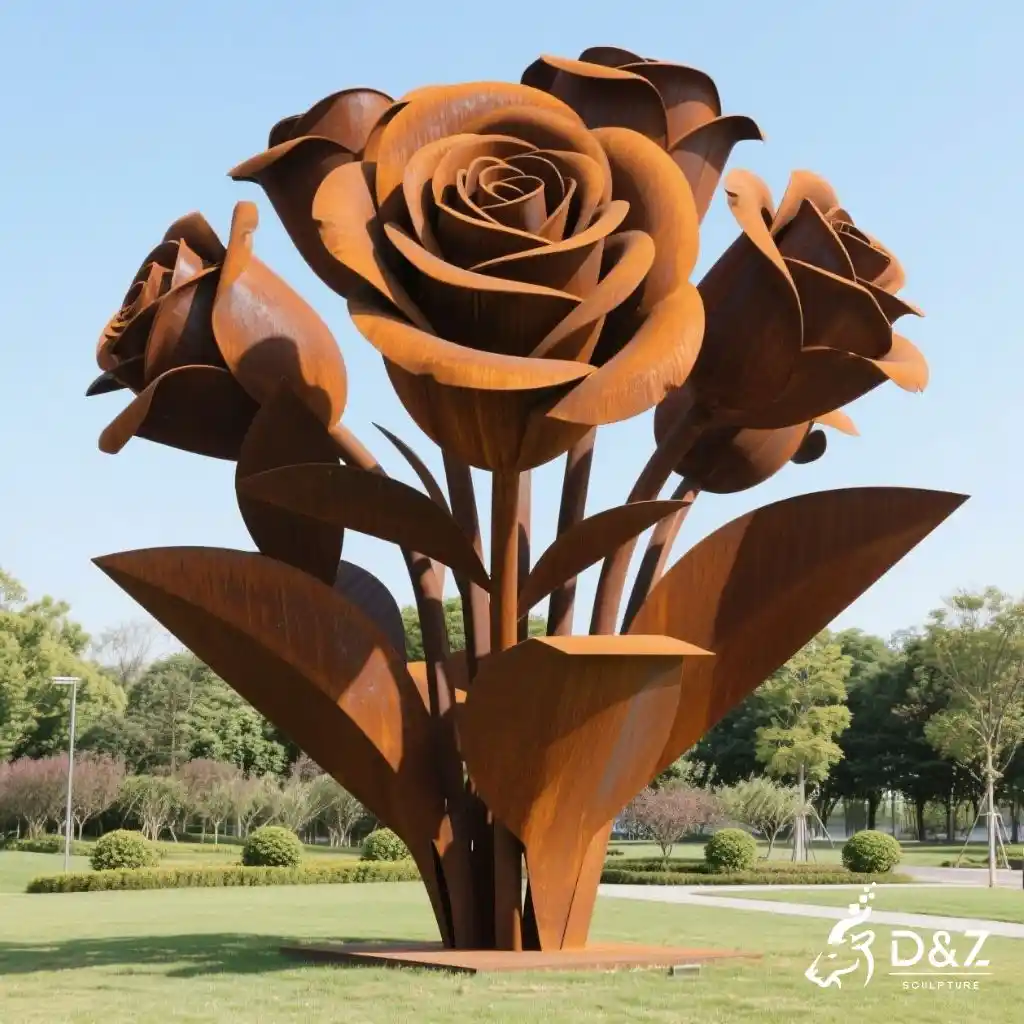 Geometric Corten Rose Sculpture Large Rusted Steel Flower Art DZN229-4