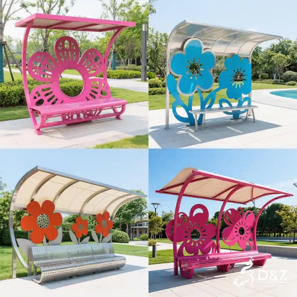 Large Metal Flower Bench Seating Installation with Canopy DZN225 Large Metal Flower Bench Seating Installation with Canopy DZN225-6