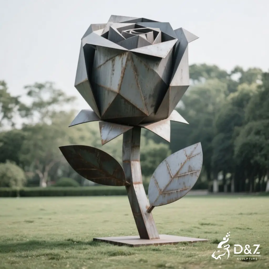 Geometric Corten Rose Sculpture Large Rusted Steel Flower Art DZN229-6