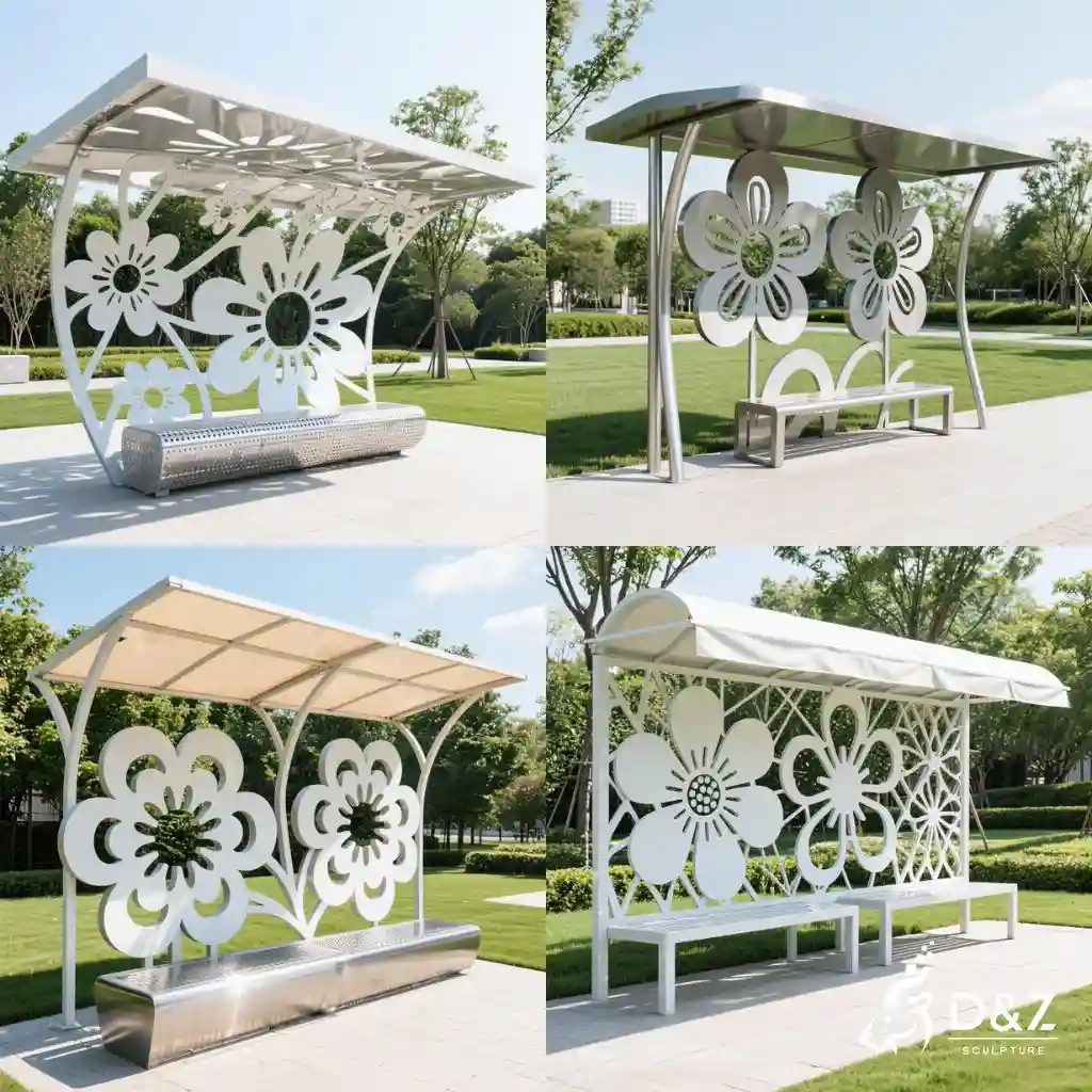 Large Metal Flower Bench Seating Installation with Canopy DZN225 Large Metal Flower Bench Seating Installation with Canopy DZN225-7