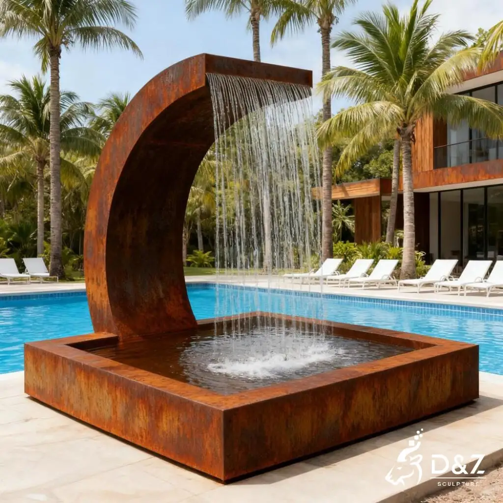 Weathering Curved Corten Steel Water Fountain for Sale DZN309 Corten steel water fountain, built from premium weathering steel, timeless finish, hotel, indoor and outdoor installation-2