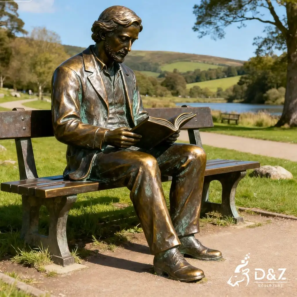 Large bronze man on bench statue, cast by lost-wax method, polished surface, outdoor garden decoration-1