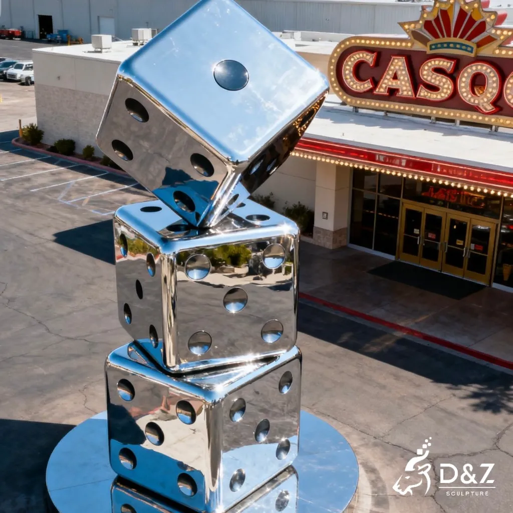 Stainless steel large dice sculpture, crafted in stainless steel, mirror polished surface, casinos, plazas, or hotels-6