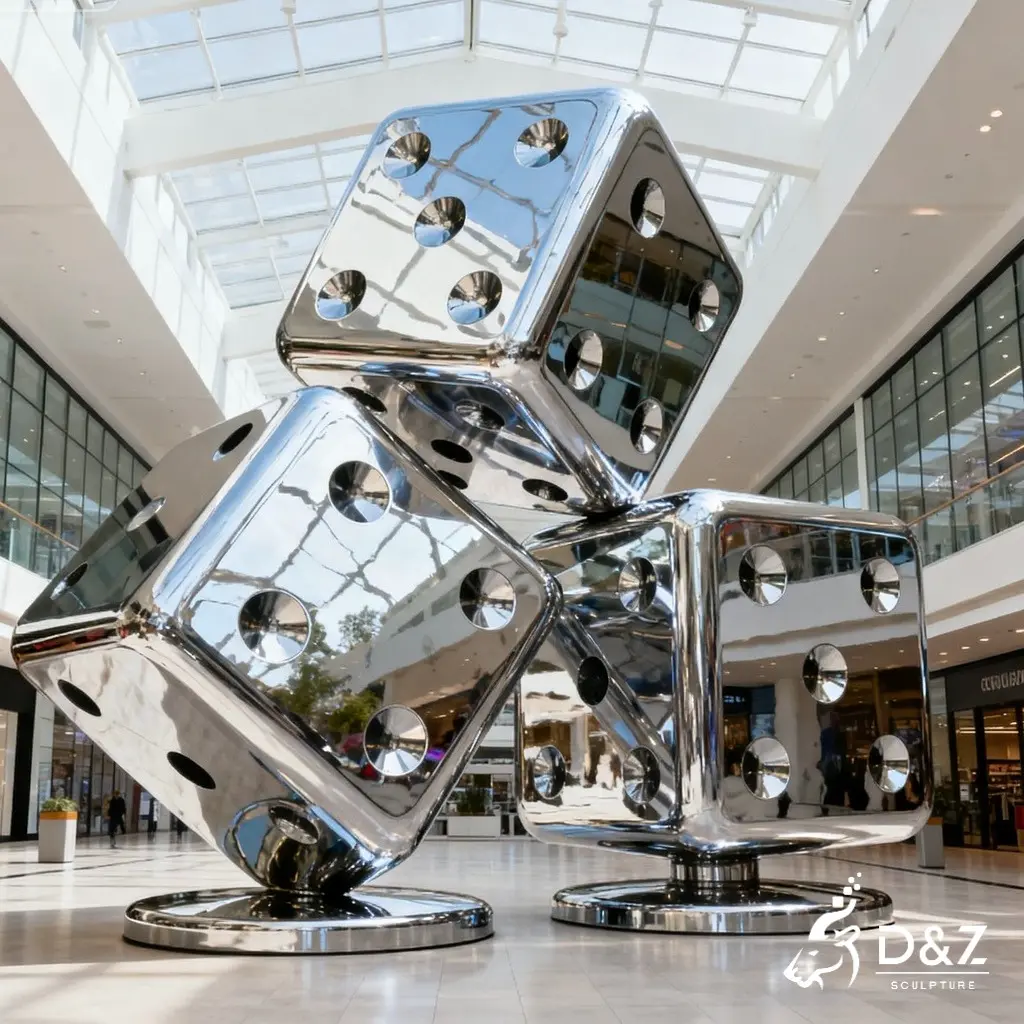 Stainless steel large dice sculpture, crafted in stainless steel, mirror polished surface, casinos, plazas, or hotels-1