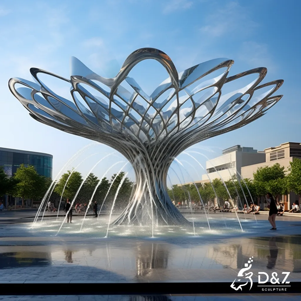 Large hollow metal mesh sculpture fountain, crafted in stainless steel, mirror polished surface, gardens, plazas, or hotels-10