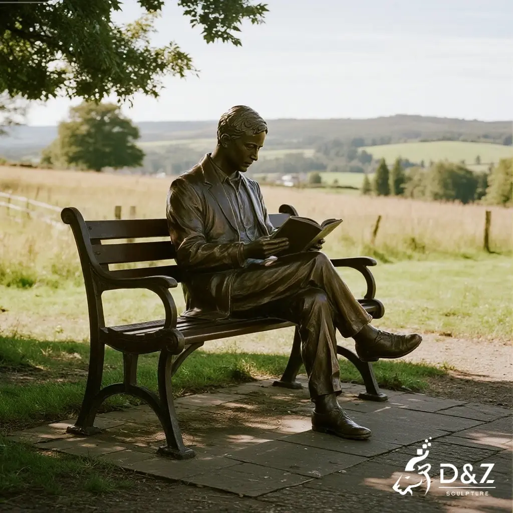Bronze Reading Sitting Man on Bench Statue DZN300 Large bronze man on bench statue, cast by lost-wax method, polished surface, outdoor garden decoration-7