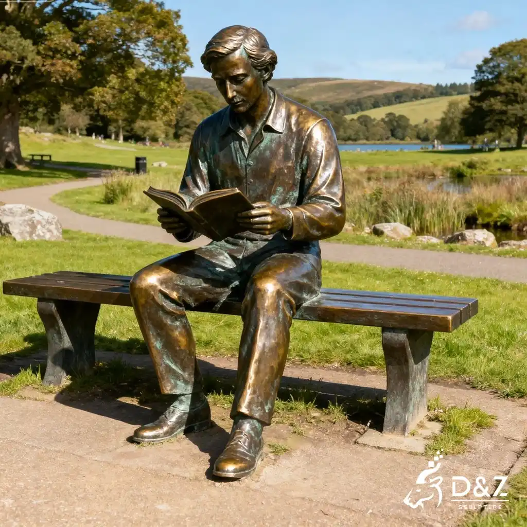 Bronze Reading Sitting Man on Bench Statue DZN300 Large bronze man on bench statue, cast by lost-wax method, polished surface, outdoor garden decoration-2