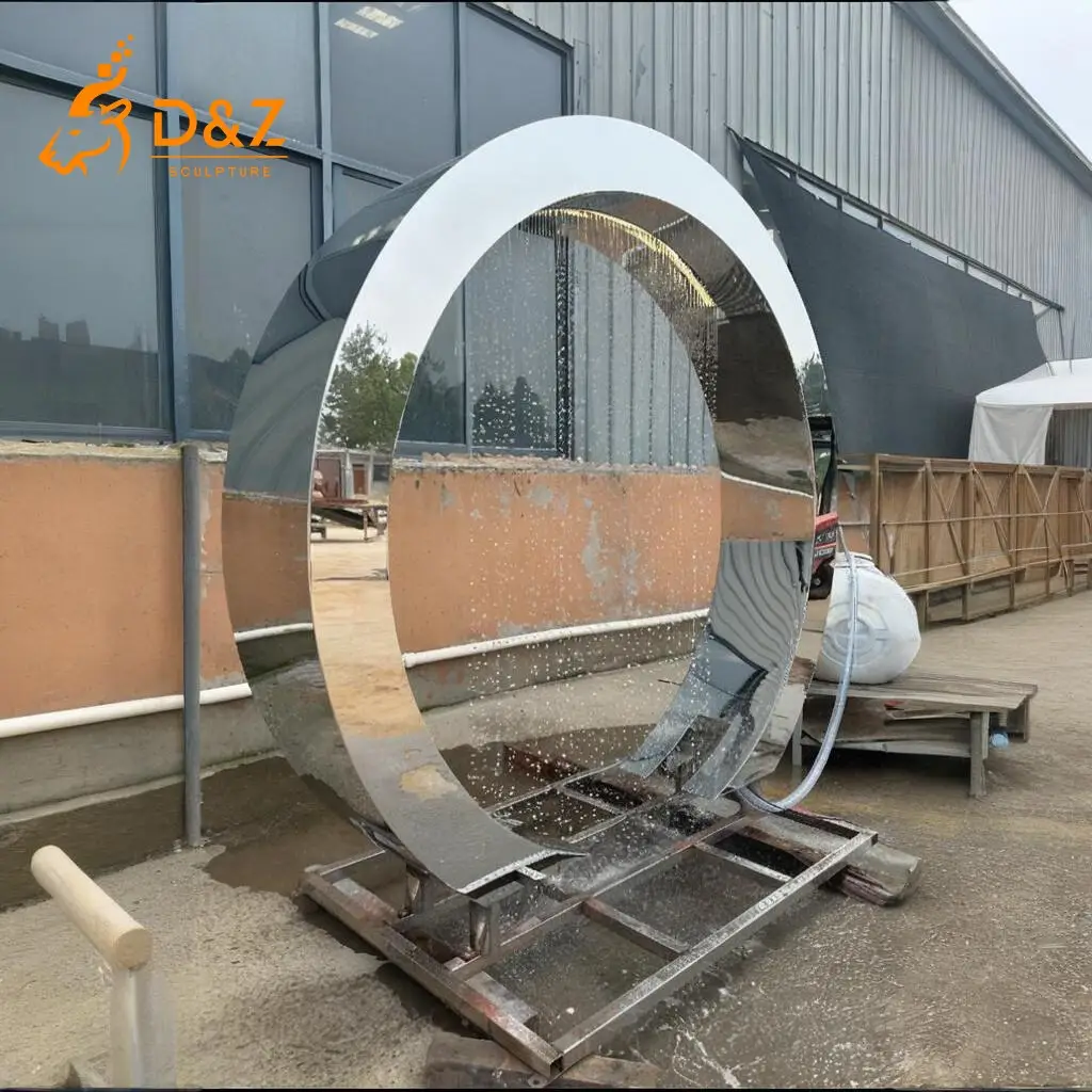 Large Outdoor Stainless Steel Circle Water Fountain DZN306 Stainless steel circle water fountain, crafted in stainless steel, mirror polished surface, gardens, plazas, or hotels-1