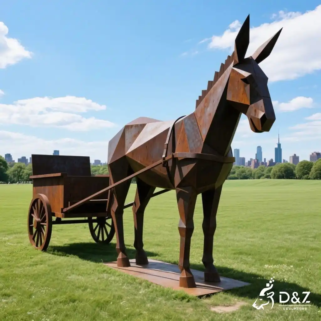 Geometric Metal Donkey Sculpture with Wagon for Sale DZN277 Life Size Metal Donkey Sculpture with Wagon for Sale DZN277-3