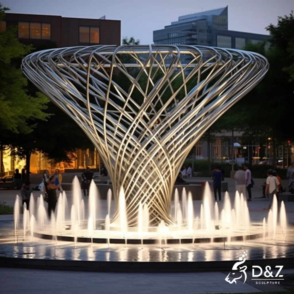 Outdoor Hollow Metal Mesh Sculpture Water Fountain DZN311 Large hollow metal mesh sculpture fountain, crafted in stainless steel, mirror polished surface, gardens, plazas, or hotels-6