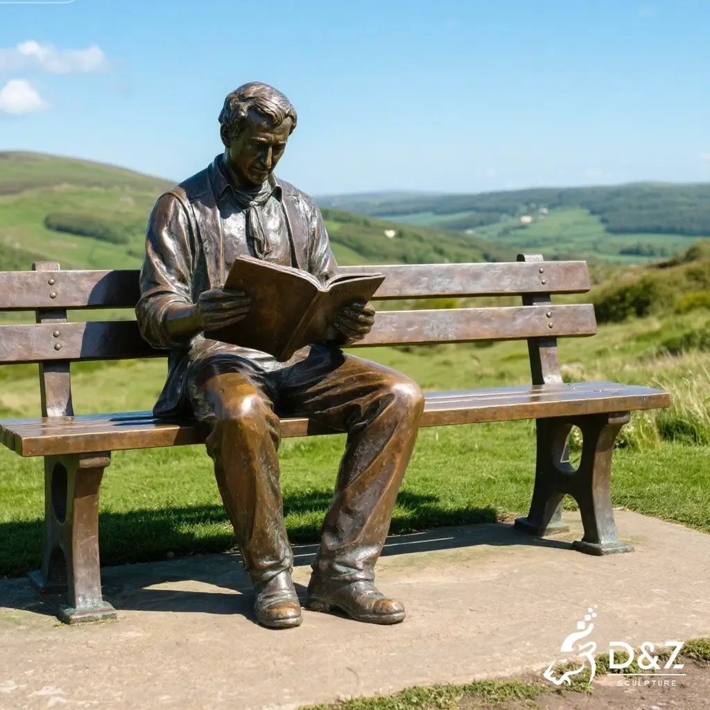 Bronze Reading Sitting Man on Bench Statue DZN300 Large bronze man on bench statue, cast by lost-wax method, polished surface, outdoor garden decoration-6