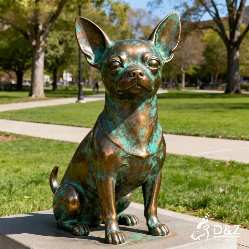 Large Outdoor Bronze Chihuahua Statue Garden Dog Art DZN298 Large bronze Chihuahua statue, cast by lost-wax method, polished surface, outdoor garden decoration-2