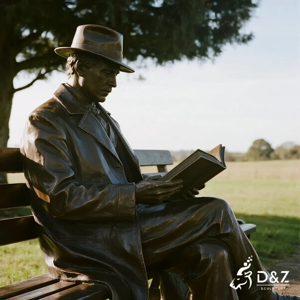 Bronze Reading Sitting Man on Bench Statue DZN300 Large bronze man on bench statue, cast by lost-wax method, polished surface, outdoor garden decoration-3