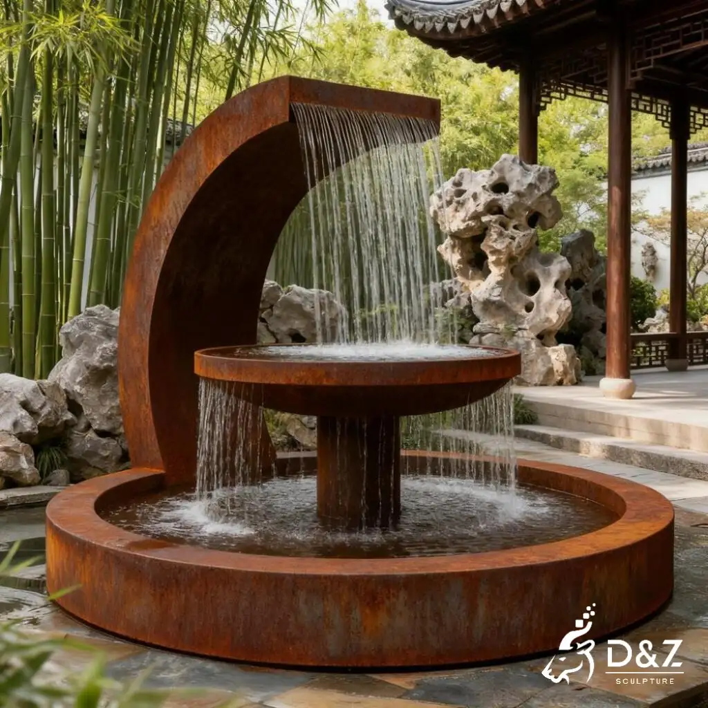Weathering Curved Corten Steel Water Fountain for Sale DZN309 Corten steel water fountain, built from premium weathering steel, timeless finish, hotel, indoor and outdoor installation-3