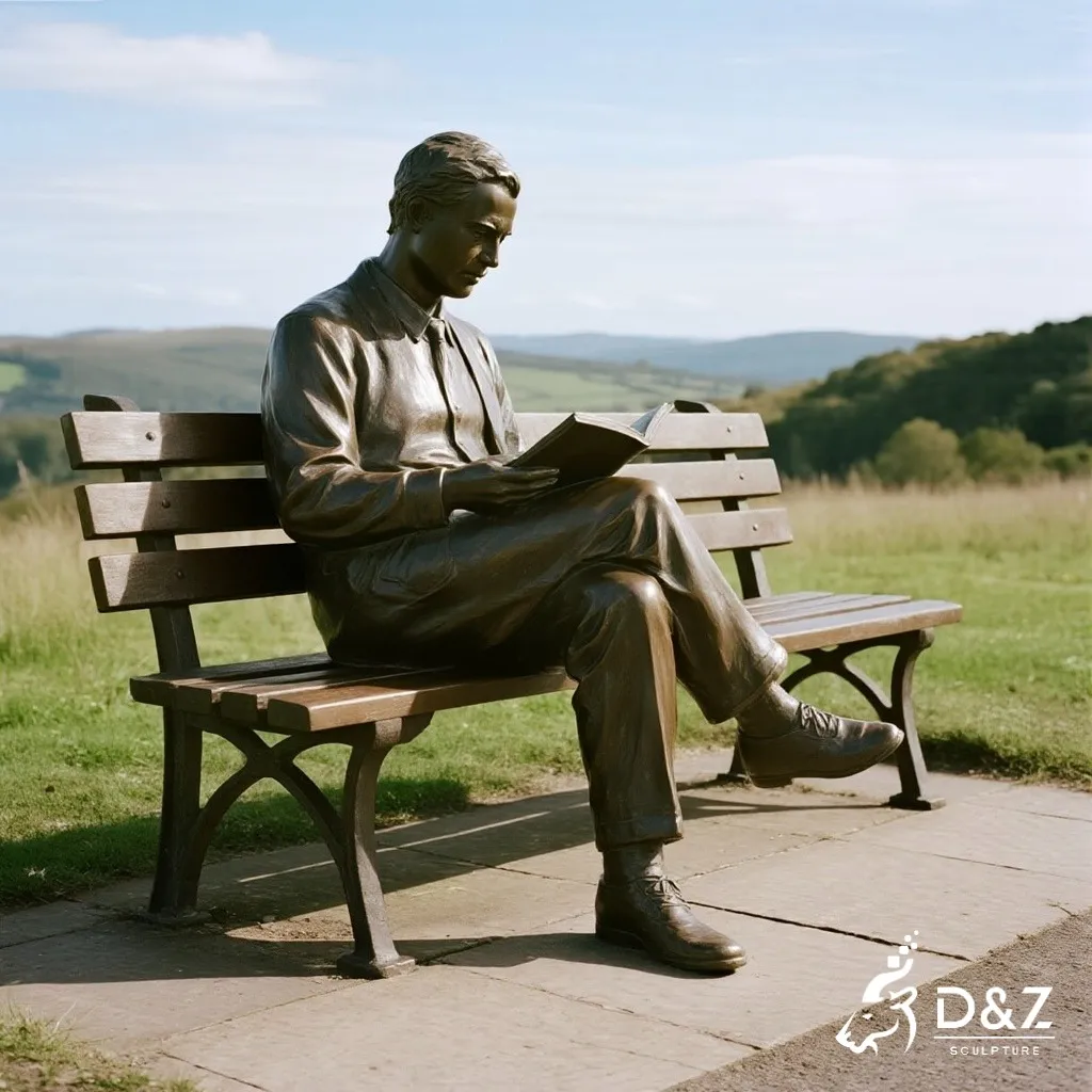 Bronze Reading Sitting Man on Bench Statue DZN300 Large bronze man on bench statue, cast by lost-wax method, polished surface, outdoor garden decoration-4