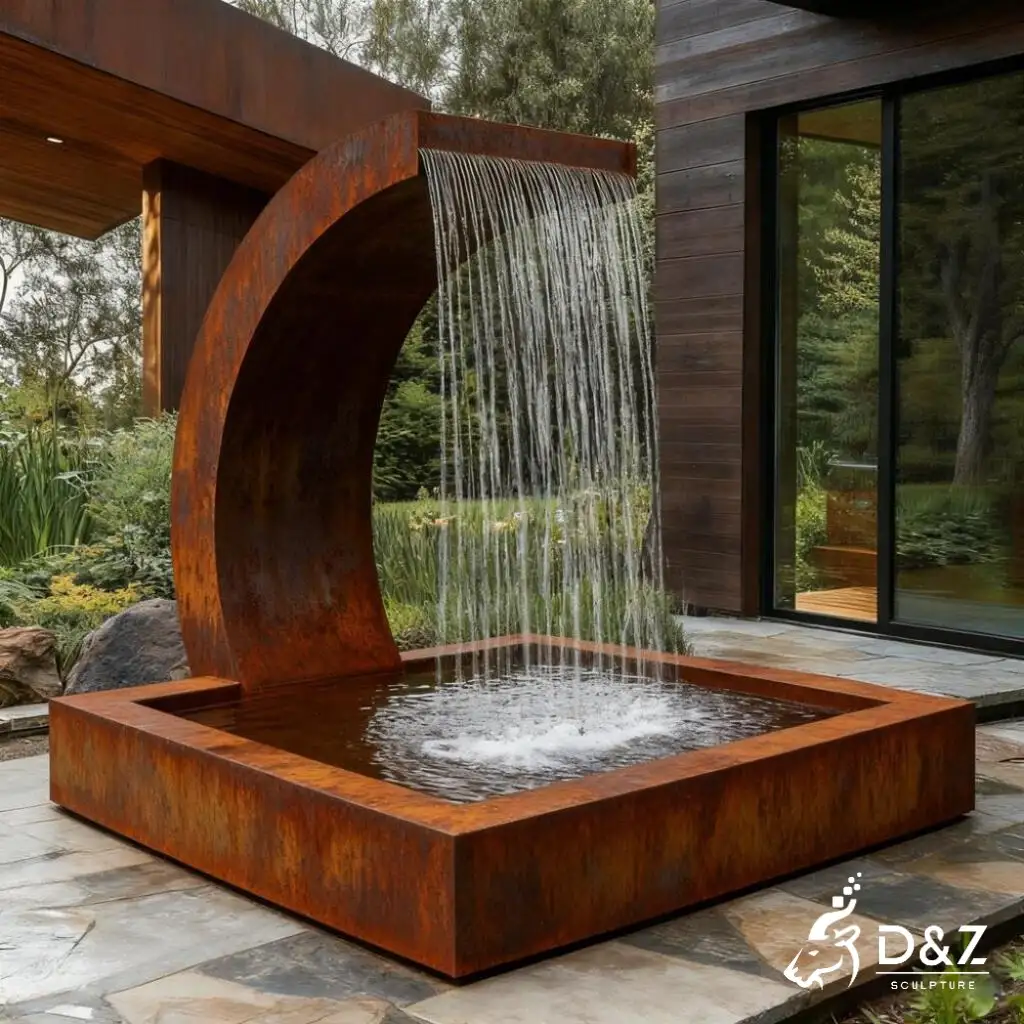Weathering Curved Corten Steel Water Fountain for Sale DZN309 Corten steel water fountain, built from premium weathering steel, timeless finish, hotel, indoor and outdoor installation-1