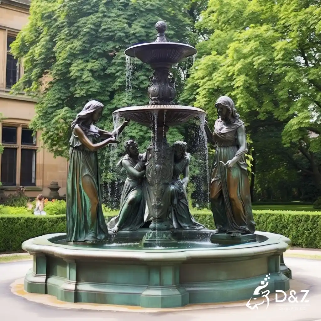Large bronze water fountain with female statues, cast by lost-wax method, polished surface, outdoor public decoration-1