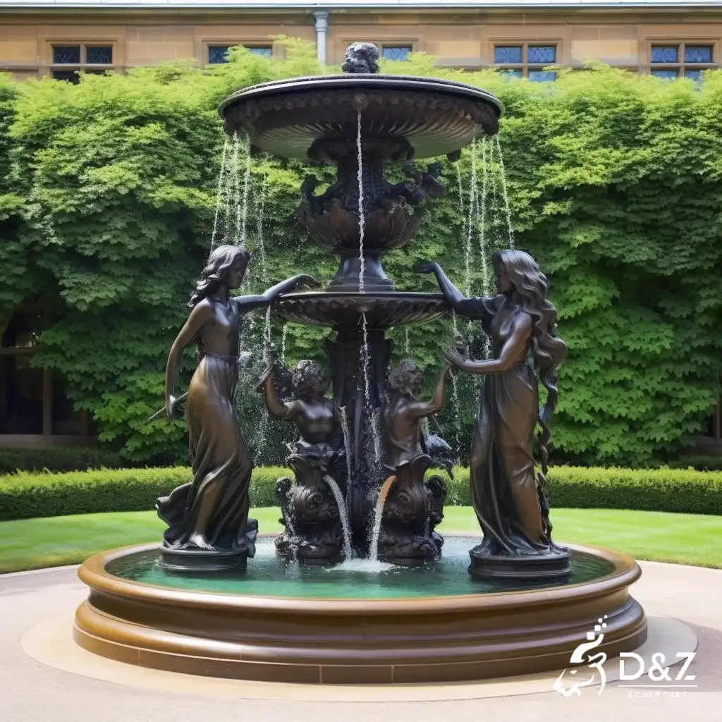 Large bronze water fountain with female statues, cast by lost-wax method, polished surface, outdoor public decoration-3