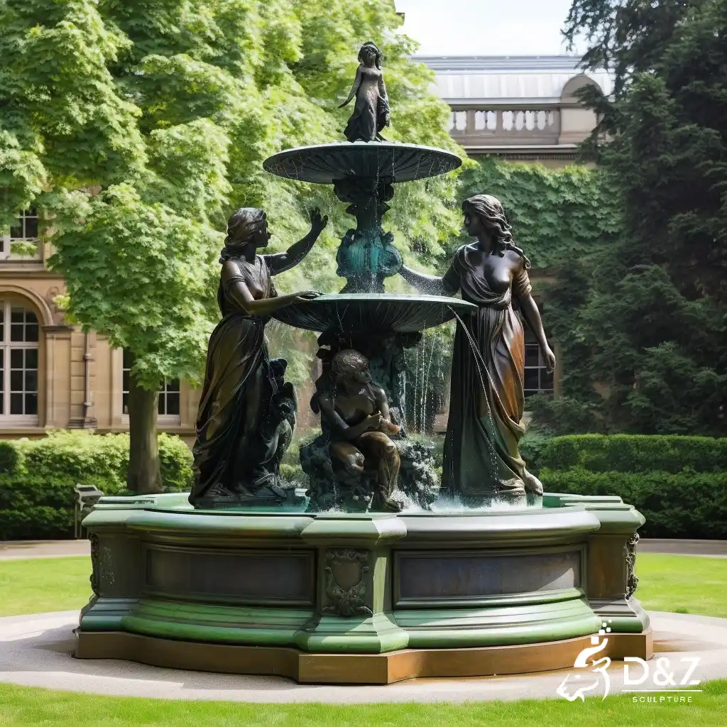 Large bronze water fountain with female statues, cast by lost-wax method, polished surface, outdoor public decoration-4