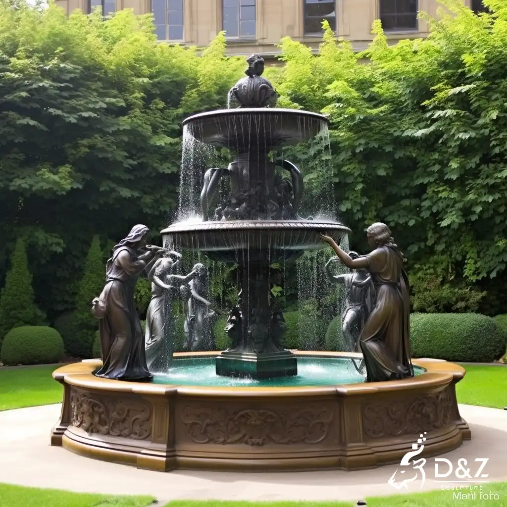 Large bronze water fountain with female statues, cast by lost-wax method, polished surface, outdoor public decoration-5