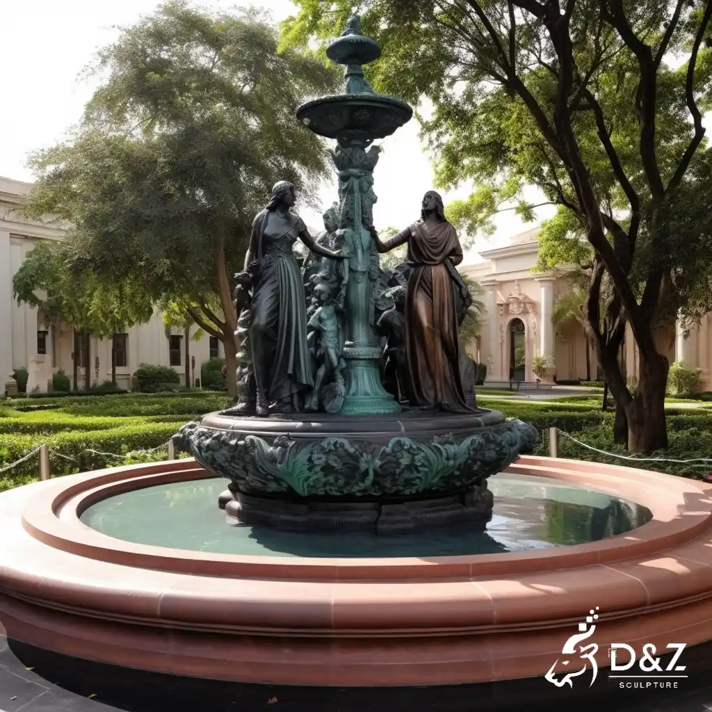Large bronze water fountain with female statues, cast by lost-wax method, polished surface, outdoor public decoration-6