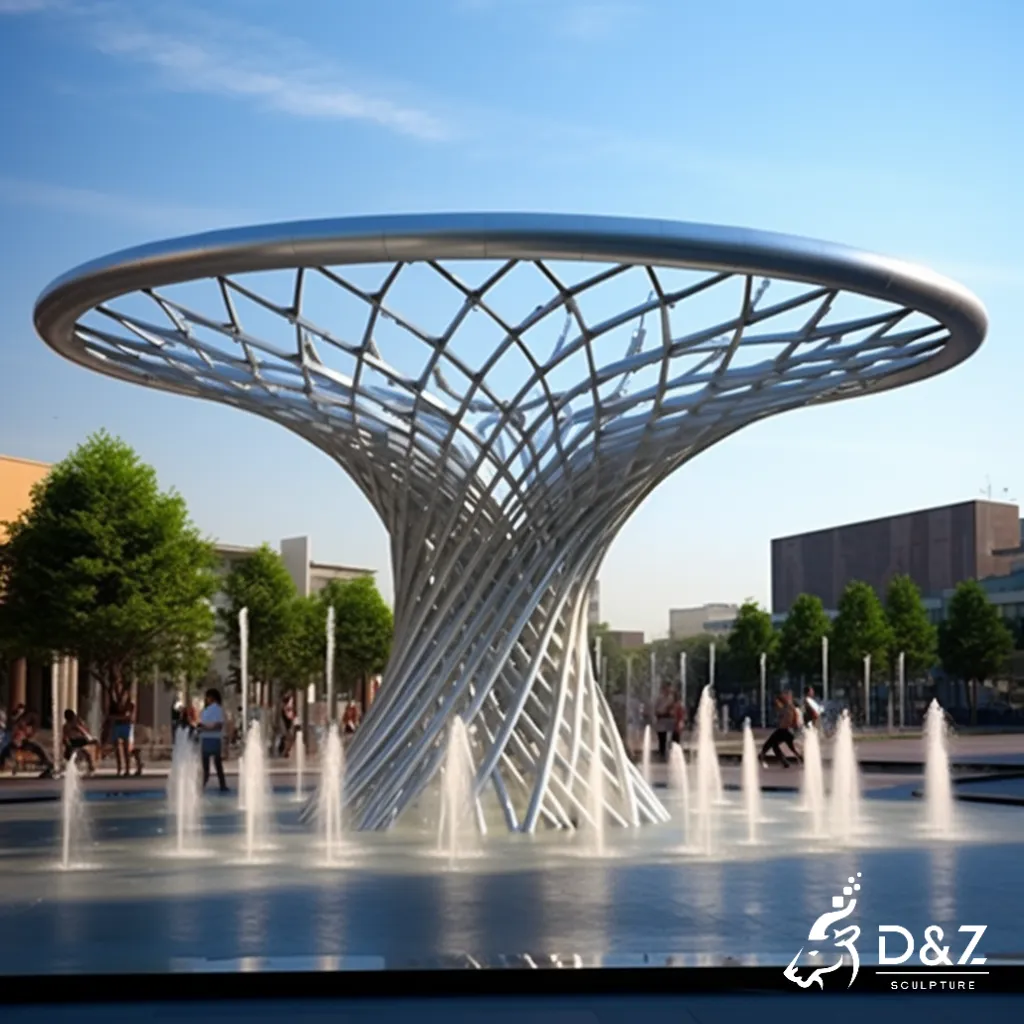 Outdoor Hollow Metal Mesh Sculpture Water Fountain DZN311 Large hollow metal mesh sculpture fountain, crafted in stainless steel, mirror polished surface, gardens, plazas, or hotels-2