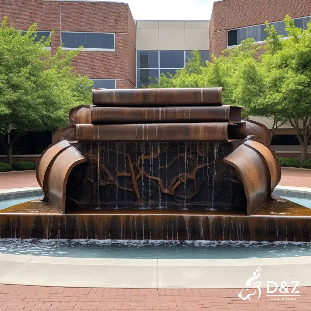 Large cast bronze book fountain, cast by lost-wax method, polished surface, outdoor decoration-1