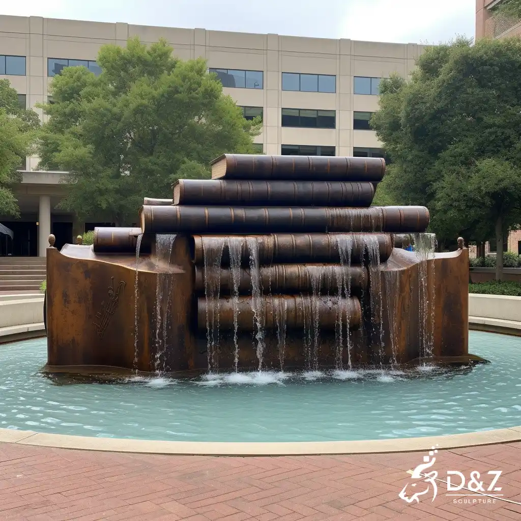 Large cast bronze book fountain, cast by lost-wax method, polished surface, outdoor decoration-2
